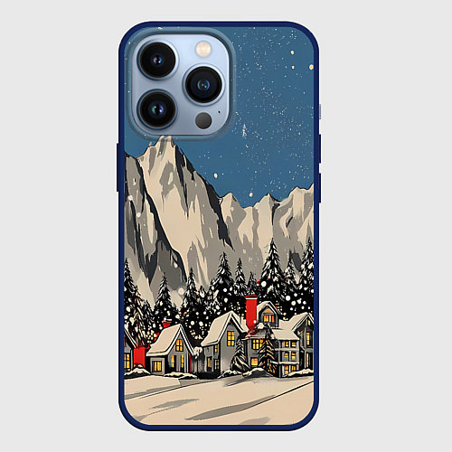 Чехол iPhone 13 Pro Небольшой новогодний город в горах / 3D-Тёмно-синий – фото 1