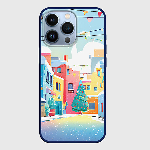Чехол iPhone 13 Pro Разноцветный новогодний дворик / 3D-Тёмно-синий – фото 1