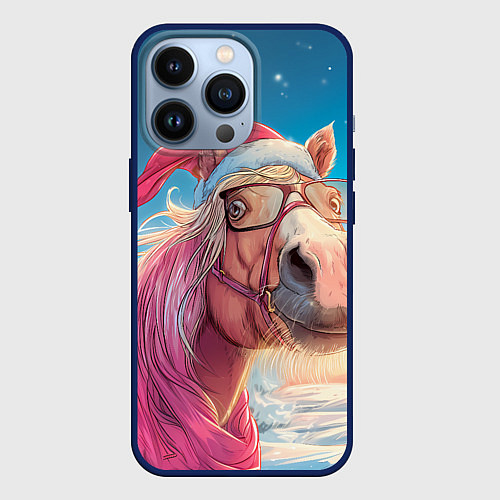 Чехол iPhone 13 Pro Новогодняя лошадь в очках / 3D-Тёмно-синий – фото 1