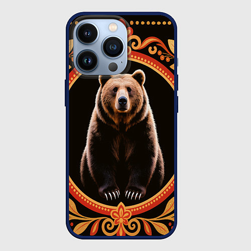 Чехол iPhone 13 Pro Медведь в орнаменте / 3D-Тёмно-синий – фото 1