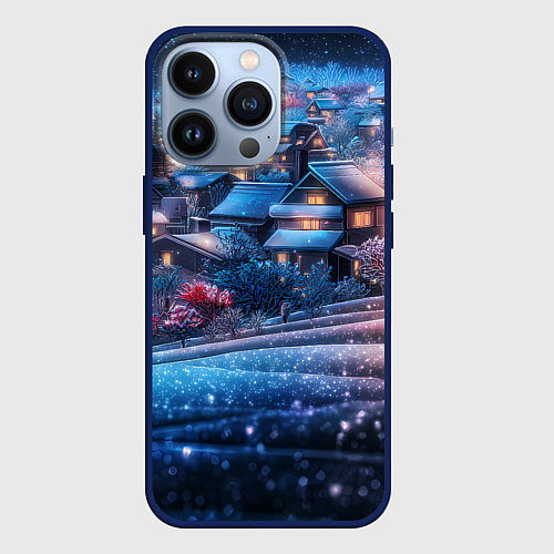 Чехол iPhone 13 Pro Новогодний двор в блестках / 3D-Тёмно-синий – фото 1