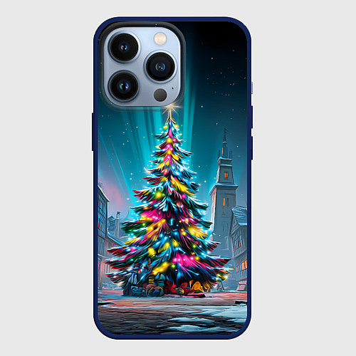 Чехол iPhone 13 Pro Новогодняя елка в гирляндах / 3D-Тёмно-синий – фото 1