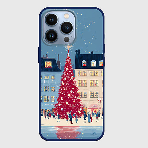 Чехол iPhone 13 Pro Новогоднее гуляние у красной елки / 3D-Тёмно-синий – фото 1