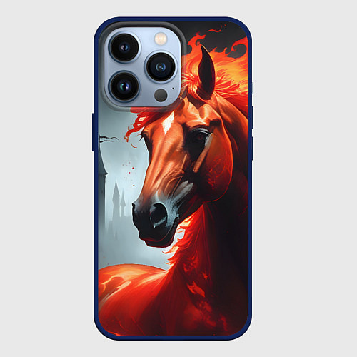 Чехол iPhone 13 Pro Огненная лошадь на сером / 3D-Тёмно-синий – фото 1