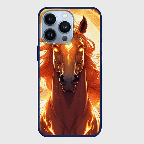 Чехол iPhone 13 Pro Огненная лошадь в свечении / 3D-Тёмно-синий – фото 1