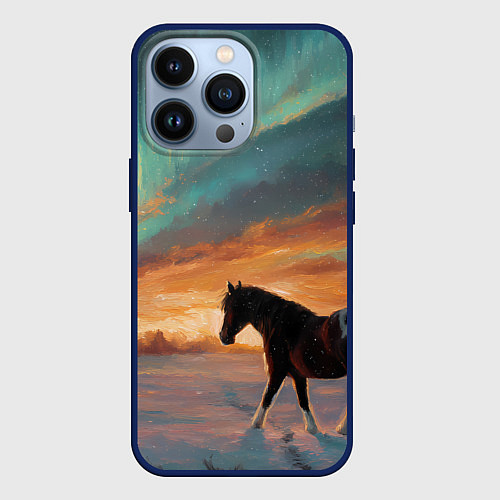 Чехол iPhone 13 Pro Лошадь на фоне северного сиянми / 3D-Тёмно-синий – фото 1