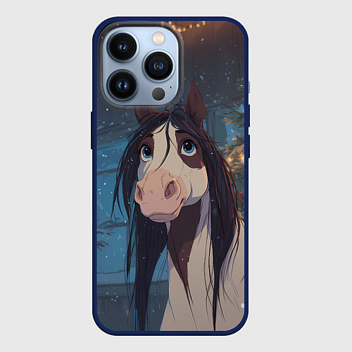 Чехол iPhone 13 Pro Белая пятнистая новогодняя лошадка / 3D-Тёмно-синий – фото 1