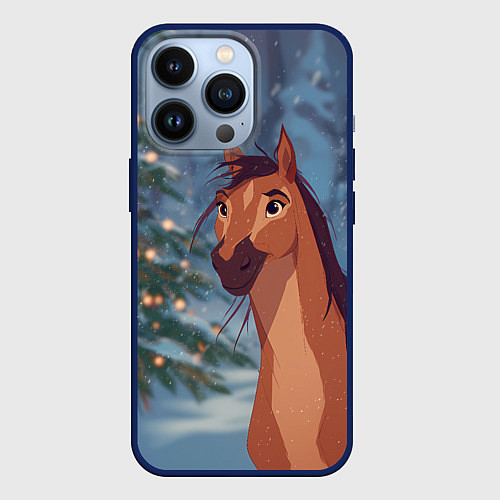 Чехол iPhone 13 Pro Лошадь на фоне новогодней елки / 3D-Тёмно-синий – фото 1