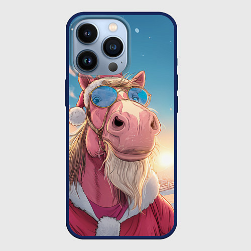 Чехол iPhone 13 Pro Новогодний конь сэлфи / 3D-Тёмно-синий – фото 1