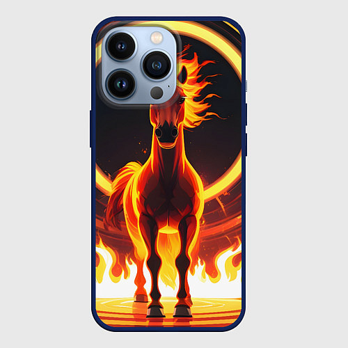 Чехол iPhone 13 Pro Огненная лошадь в кольце / 3D-Тёмно-синий – фото 1