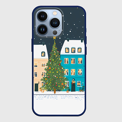 Чехол iPhone 13 Pro Новогодний снежный город / 3D-Тёмно-синий – фото 1