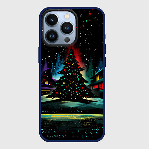 Чехол iPhone 13 Pro Новый год на черном фоне / 3D-Тёмно-синий – фото 1