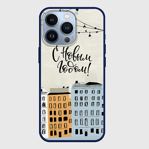 Чехол iPhone 13 Pro С новым годом - новогодний городок / 3D-Тёмно-синий – фото 1