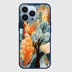 Чехол для iPhone 13 Pro Разноцветные новогодние домики, цвет: 3D-тёмно-синий