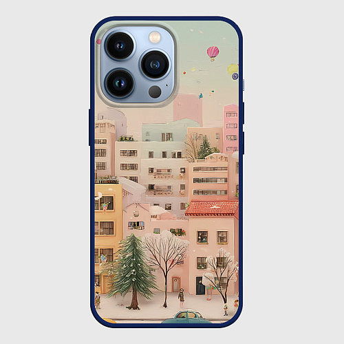 Чехол iPhone 13 Pro Объемный новогодний город / 3D-Тёмно-синий – фото 1