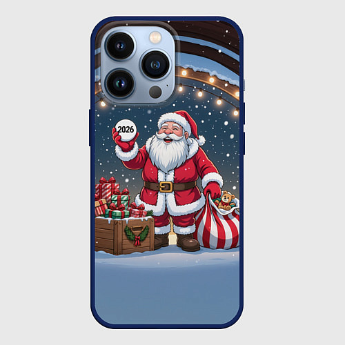 Чехол iPhone 13 Pro Санта с мешком подарков / 3D-Тёмно-синий – фото 1