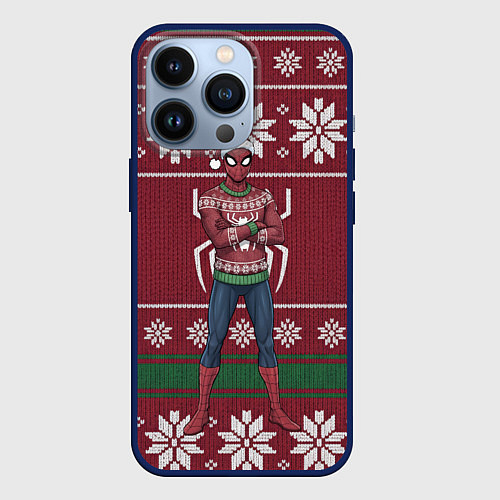 Чехол iPhone 13 Pro Человек паук в вязаном свитере - новый год / 3D-Тёмно-синий – фото 1