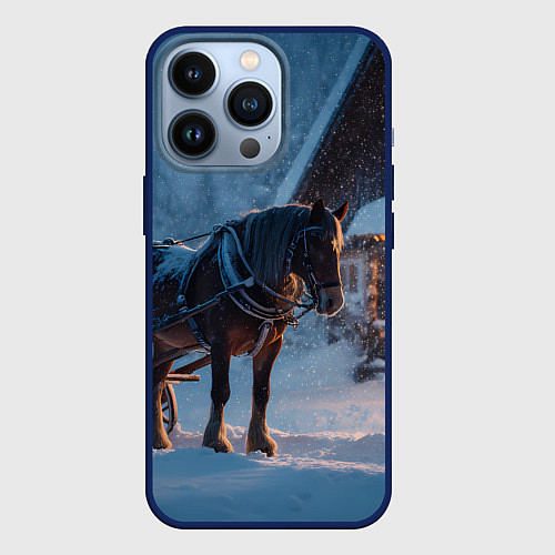 Чехол iPhone 13 Pro Лошадь у избы / 3D-Тёмно-синий – фото 1