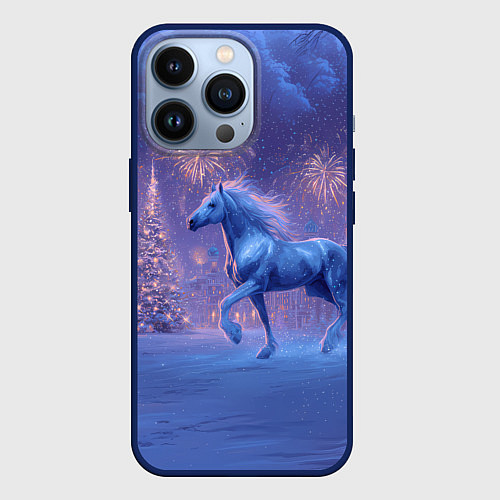 Чехол iPhone 13 Pro Лошадь и новогодний салют / 3D-Тёмно-синий – фото 1