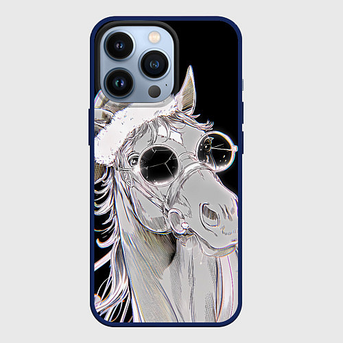 Чехол iPhone 13 Pro Новогодняя лошадь в круглых очках / 3D-Тёмно-синий – фото 1