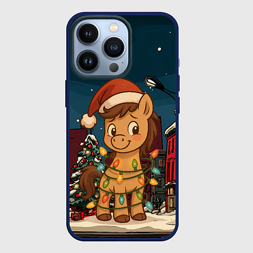 Чехол iPhone 13 Pro Лошадка в новогодней гирлянде / 3D-Тёмно-синий – фото 1