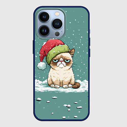 Чехол iPhone 13 Pro Недовольный новогодний котик / 3D-Тёмно-синий – фото 1