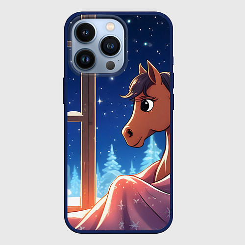 Чехол iPhone 13 Pro Лошадка зимней звездной ночью / 3D-Тёмно-синий – фото 1