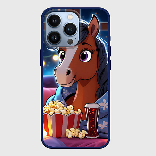 Чехол iPhone 13 Pro Новогодняя лошадка с попкорном / 3D-Тёмно-синий – фото 1