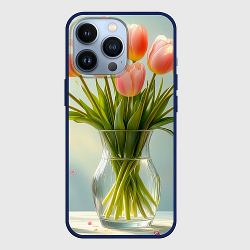 Чехол iPhone 13 Pro Нежно-розовые тюльпаны в лучах весны / 3D-Тёмно-синий – фото 1