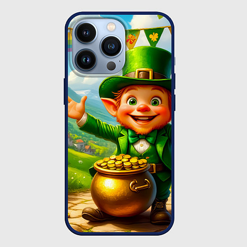 Чехол iPhone 13 Pro Лепрекон у горшка с золотом / 3D-Тёмно-синий – фото 1