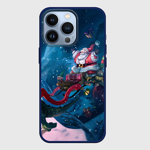 Чехол iPhone 13 Pro Санта с динозавром / 3D-Тёмно-синий – фото 1