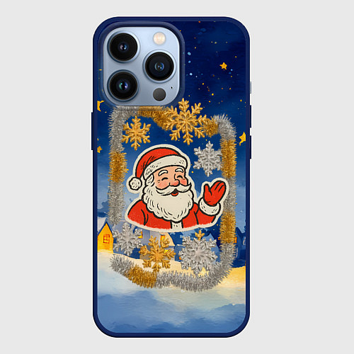 Чехол iPhone 13 Pro Санта и гирлянда / 3D-Тёмно-синий – фото 1