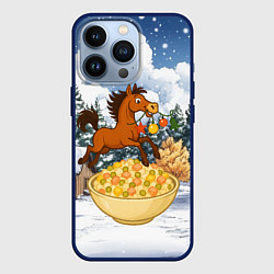 Чехол для iPhone 13 Pro Новогодняя лошадка прыгает через оливье, цвет: 3D-тёмно-синий