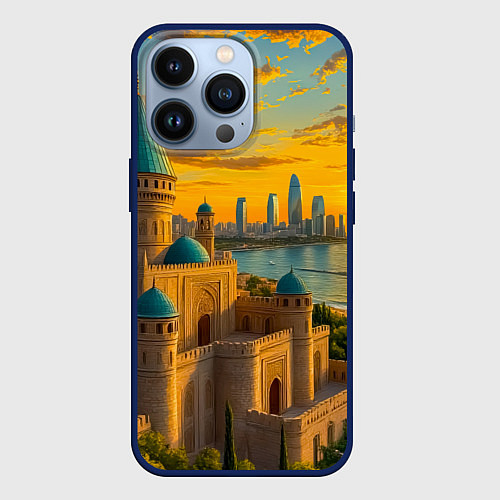 Чехол iPhone 13 Pro Баку сплетение эпох на закате / 3D-Тёмно-синий – фото 1