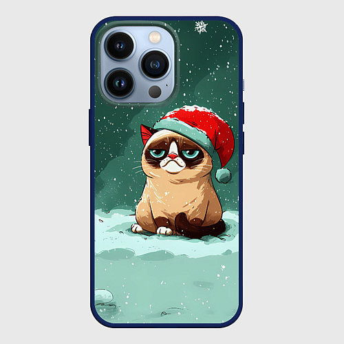 Чехол iPhone 13 Pro Мем Новогодний котик / 3D-Тёмно-синий – фото 1