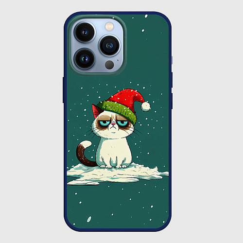 Чехол iPhone 13 Pro Милый мем Новогодний котенок / 3D-Тёмно-синий – фото 1