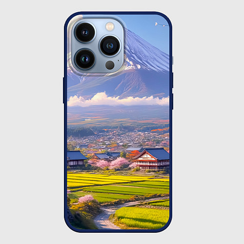 Чехол iPhone 13 Pro Сакура у подножия Фудзиямы / 3D-Тёмно-синий – фото 1