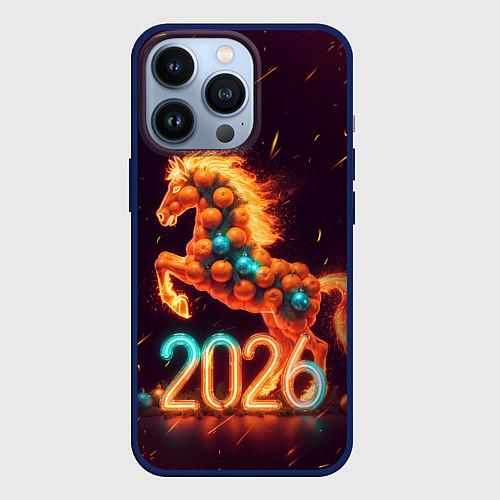 Чехол iPhone 13 Pro Новогодняя мандариновая лошадь 2026 / 3D-Тёмно-синий – фото 1