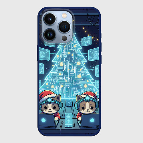 Чехол iPhone 13 Pro Новогодние котики айтишники / 3D-Тёмно-синий – фото 1