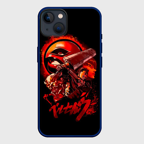 Чехол iPhone 14 Plus Гатс, Каска, Рыцарь-Череп и Апостол-Яйцо Berserk / 3D-Тёмно-синий – фото 1