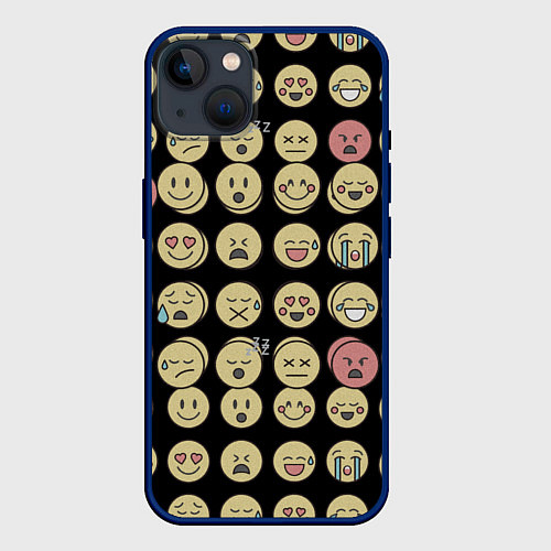Чехол iPhone 14 Plus Смайлики эмодзи паттерном / 3D-Тёмно-синий – фото 1