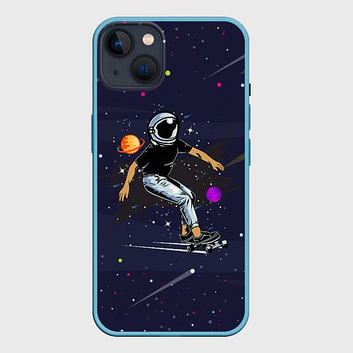Чехол iPhone 14 Plus Космонавт - скейтбордист / 3D-Голубой – фото 1