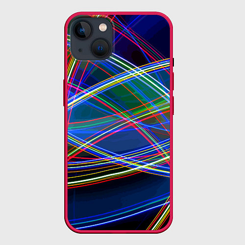 Чехол iPhone 14 Plus Разноцветные неоновые линии Абстракция Multicolore / 3D-Малиновый – фото 1
