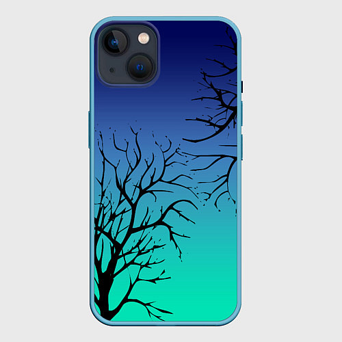 Чехол iPhone 14 Plus Черные абстрактные ветки деревьев на сине-зеленом / 3D-Голубой – фото 1