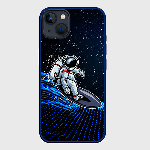 Чехол iPhone 14 Plus Космонавт на доске - серфинг / 3D-Тёмно-синий – фото 1