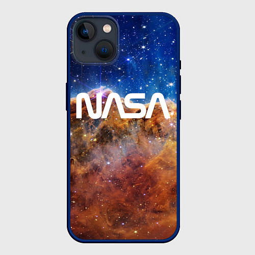 Чехол iPhone 14 Plus Лого NASA и Туманность Киля / 3D-Тёмно-синий – фото 1
