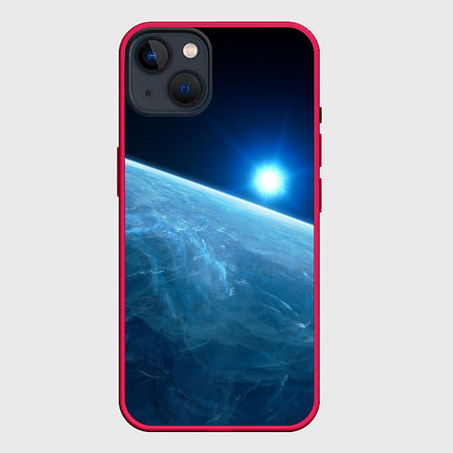 Чехол iPhone 14 Plus Яркая звезда над горизонтом - космос / 3D-Малиновый – фото 1