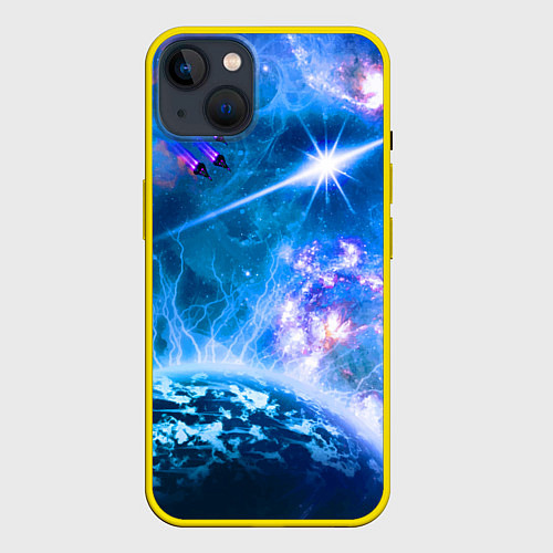 Чехол iPhone 14 Plus Космос - планета и яркая звезда / 3D-Желтый – фото 1