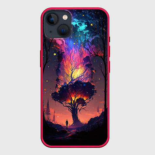 Чехол iPhone 14 Plus Огненное дерево в звездном лесу / 3D-Малиновый – фото 1