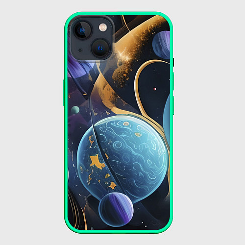 Чехол iPhone 14 Plus Планеты во вселенной / 3D-Мятный – фото 1